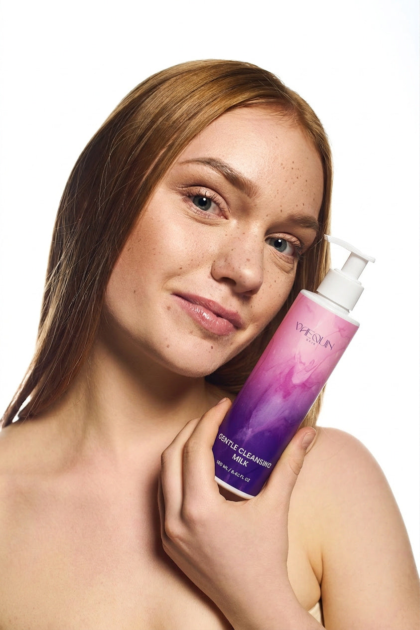 Woman holding a VAEQUIN Cleansing Milk against a white background